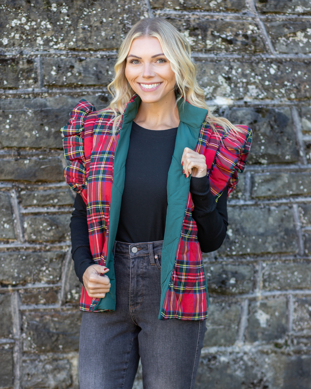 Smock Puffer Vest - Red Plaid