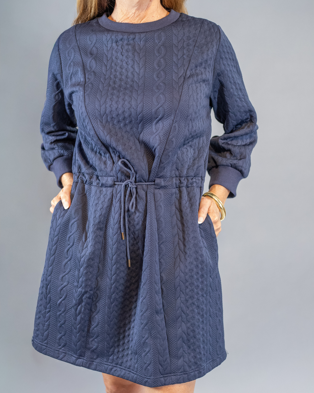 Quilted Cinch Waist Dress in Navy