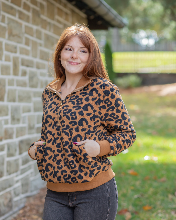 Plush Cheetah Print Quarter Zip Sweatshirt