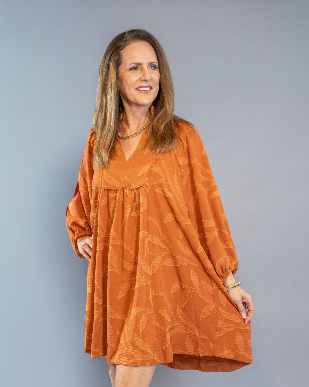 V-Neck Embroidered Dress in Orange