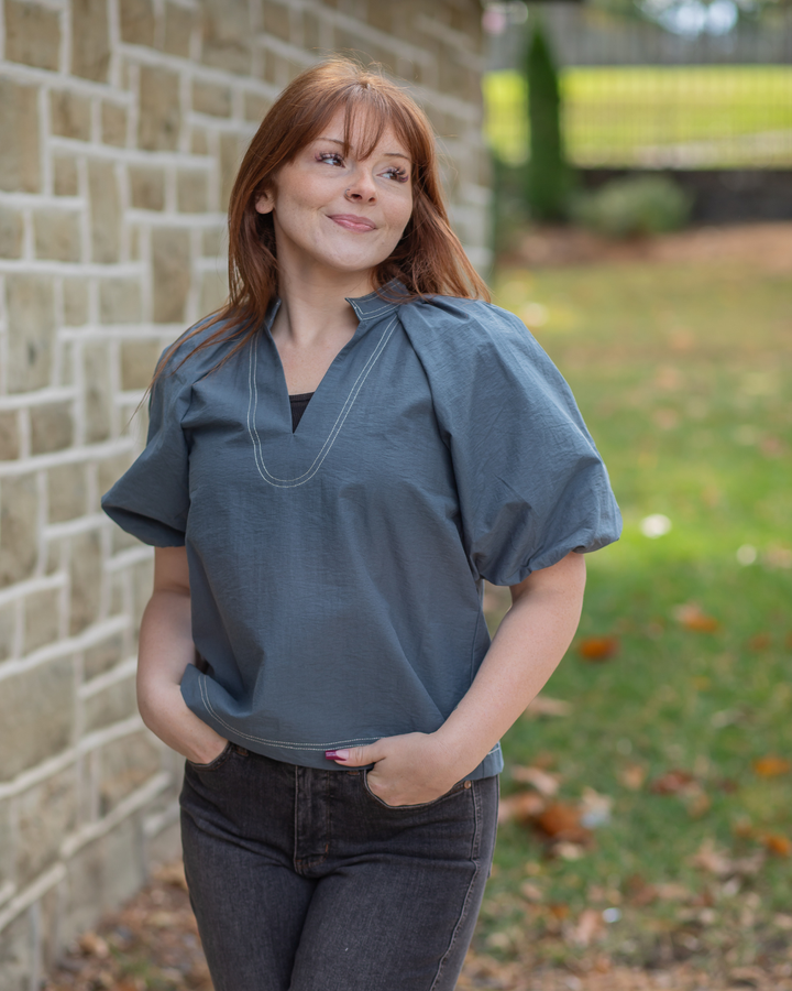 Blue Puffer Sleeve Blouse