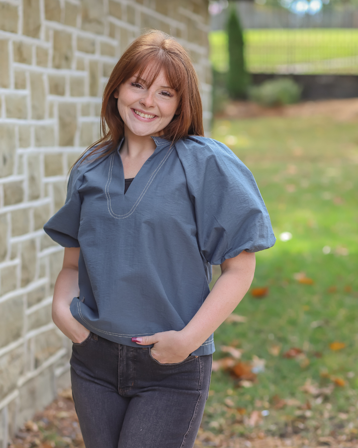 Blue Puffer Sleeve Blouse