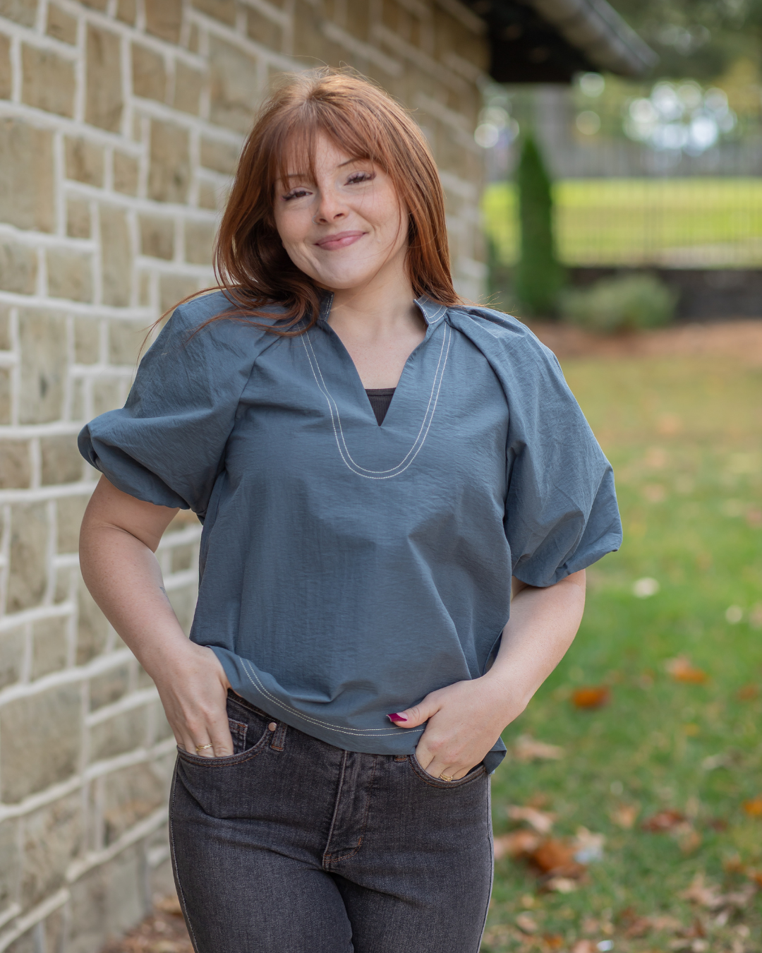 Blue Puffer Sleeve Blouse
