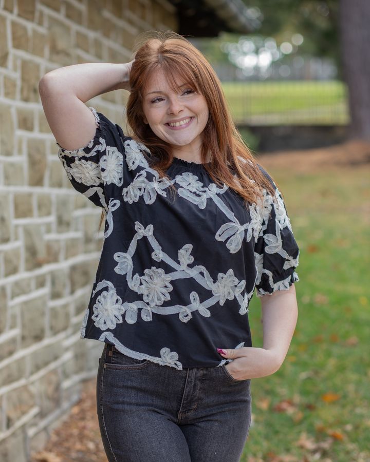 Floral Ribbon Puff Sleeve Blouse