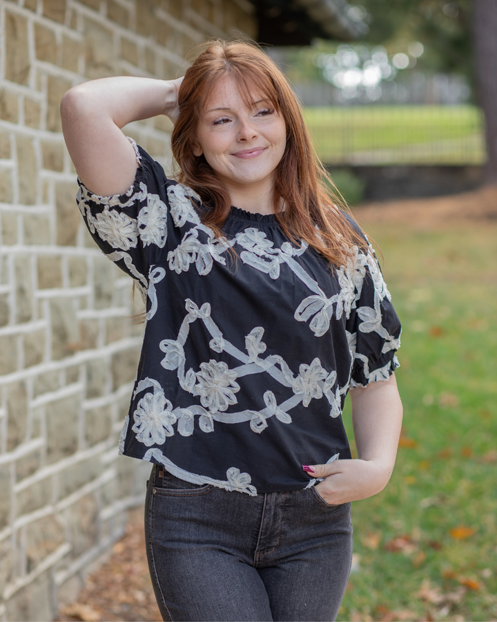 Floral Ribbon Puff Sleeve Blouse