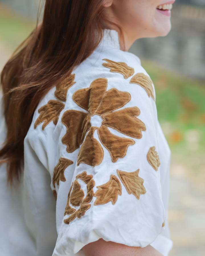 Corduroy V-Neck Blouse - Camel Floral Accents
