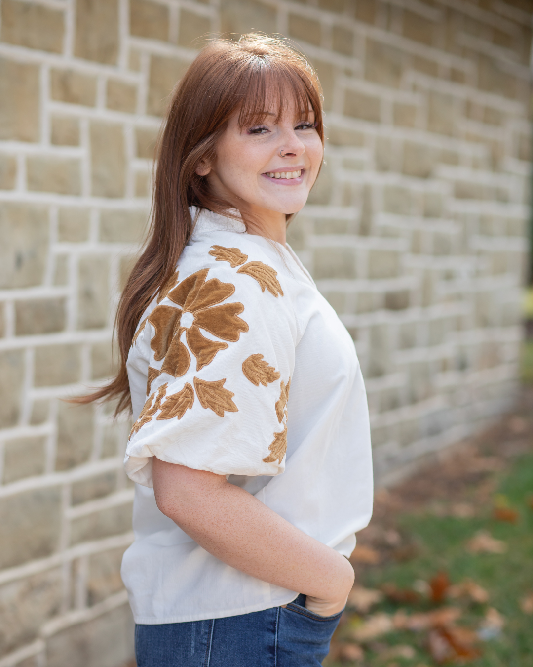 Corduroy V-Neck Blouse - Camel Floral Accents