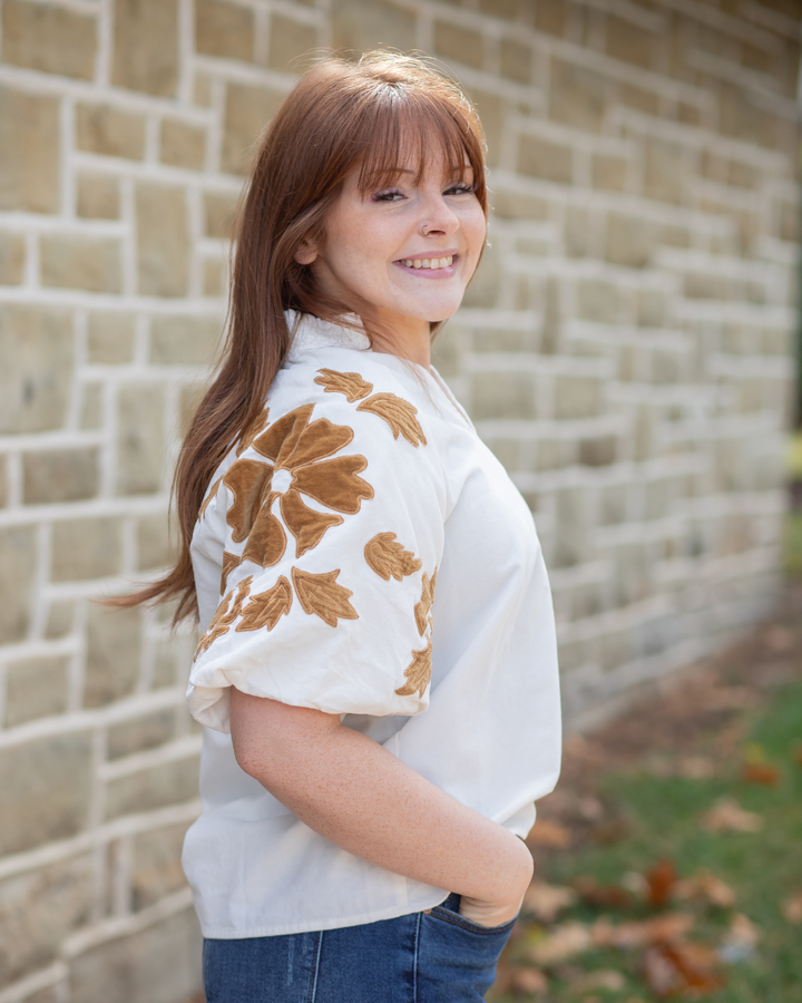Corduroy V-Neck Blouse - Camel Floral Accents