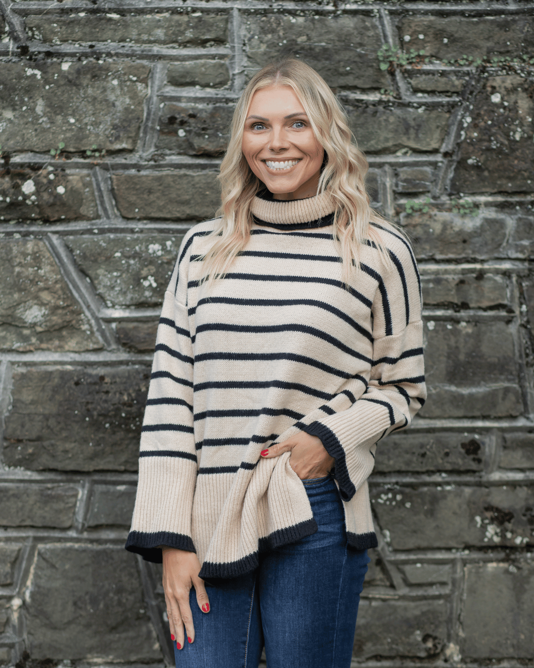 Striped Rolled Turtleneck Sweater