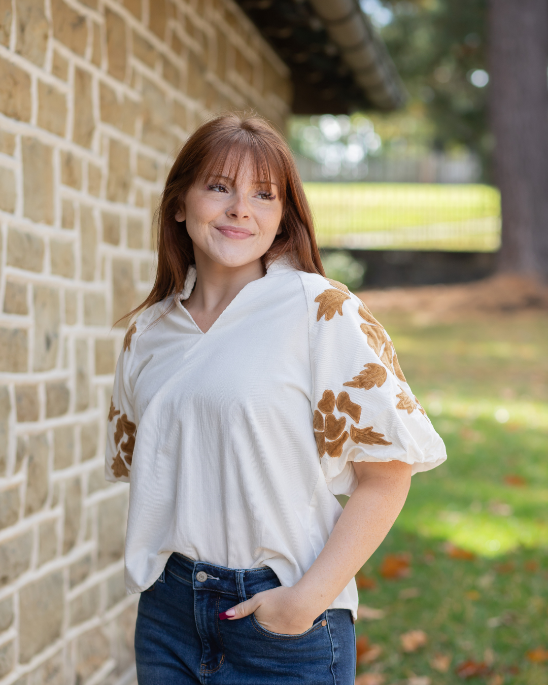Corduroy V-Neck Blouse - Camel Floral Accents