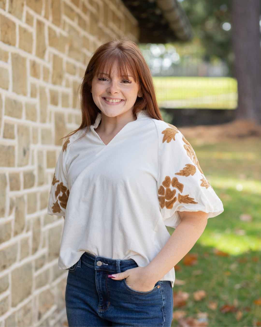 Corduroy V-Neck Blouse - Camel Floral Accents