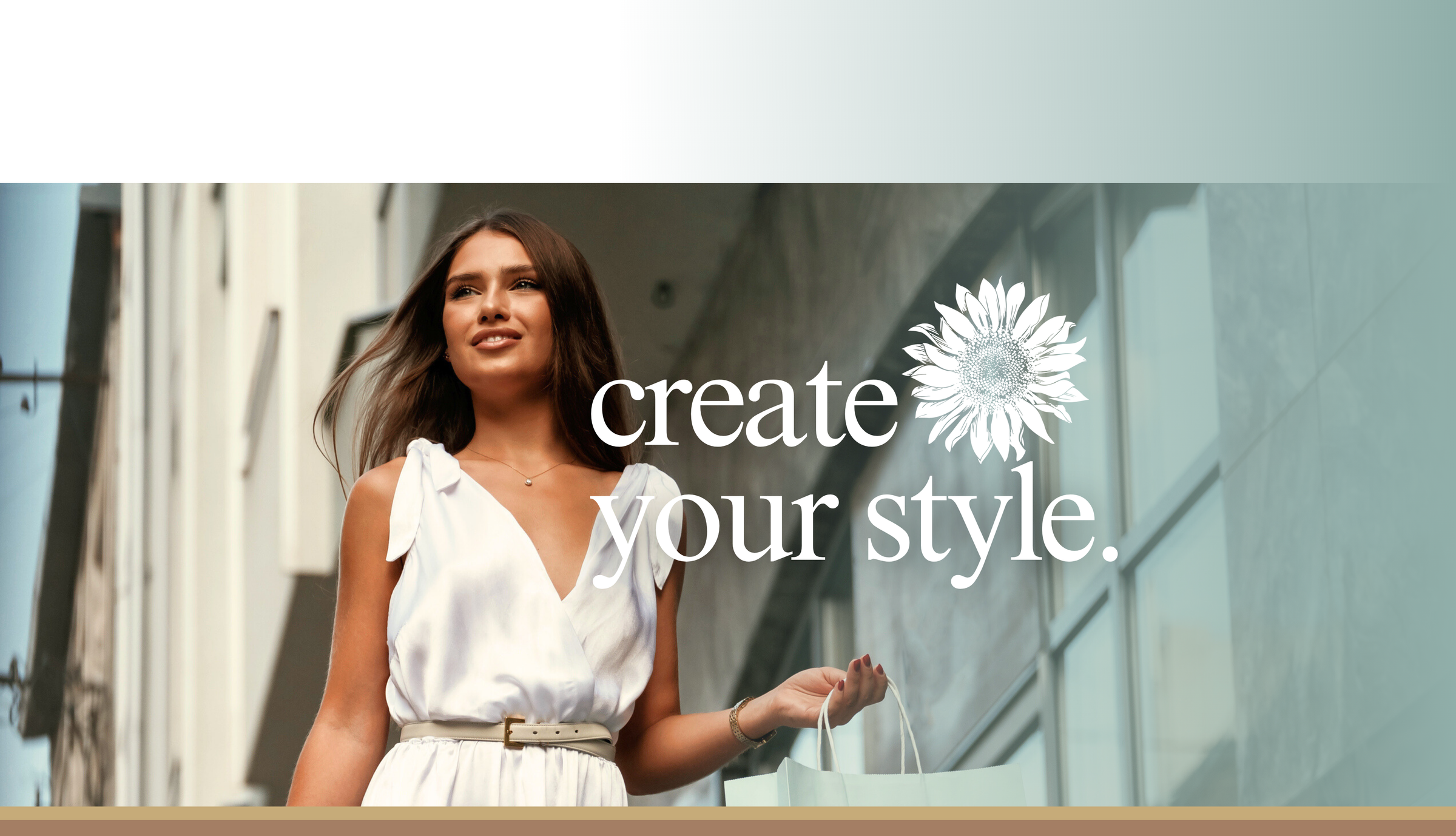 Woman in a white dress holding a handbag with 'create your style' text and logo.
