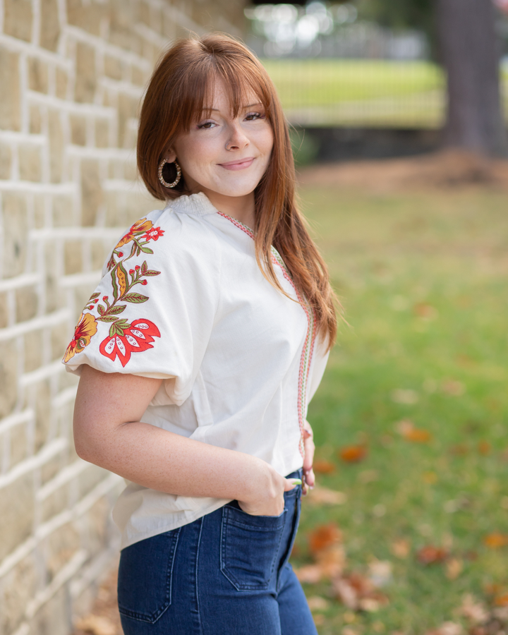 Corduroy V-Neck Blouse - Fall Color Palette Floral Accents