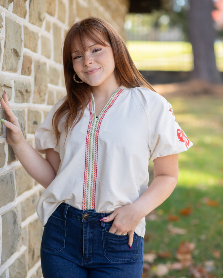 Corduroy V-Neck Blouse - Fall Color Palette Floral Accents