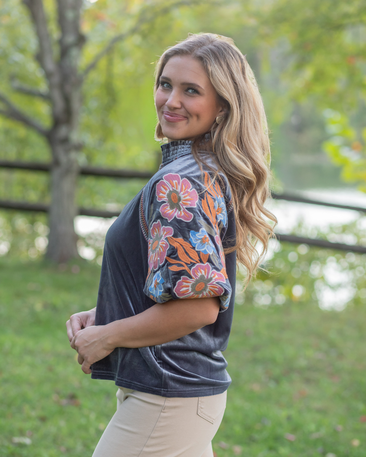 Velvet Embroidered Sleeve Top
