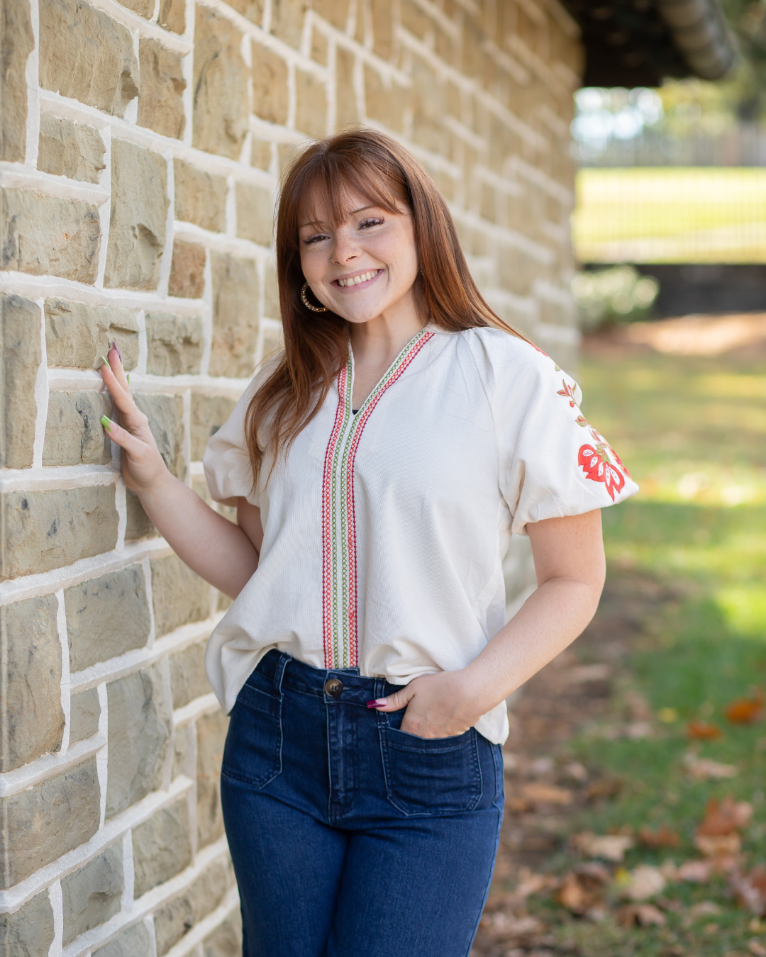 Corduroy V-Neck Blouse - Fall Color Palette Floral Accents