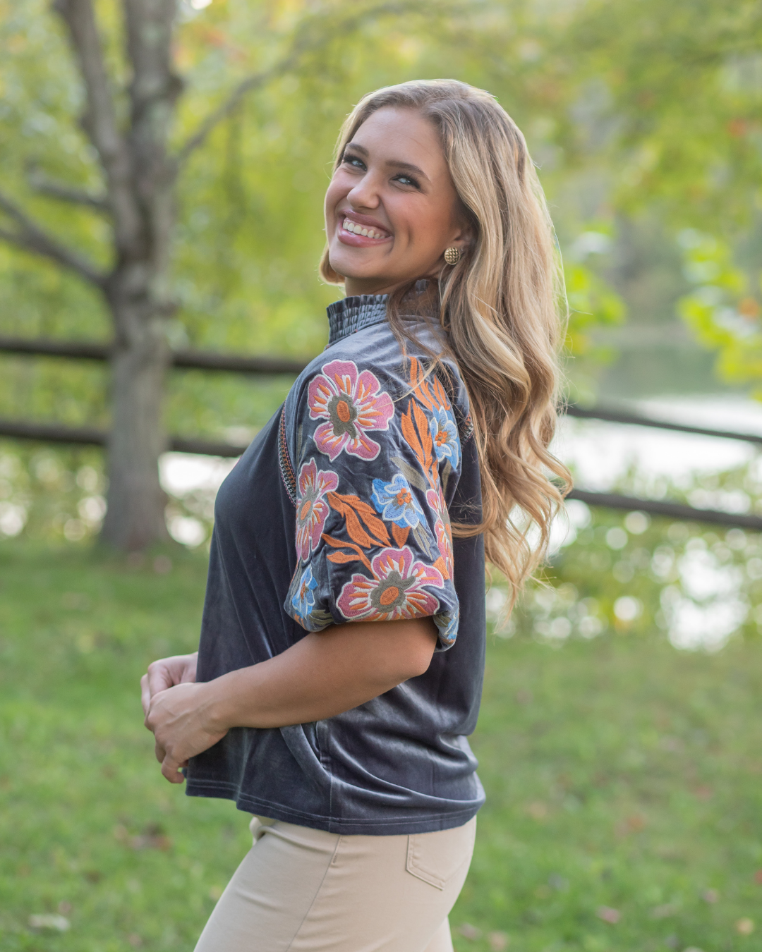 Velvet Embroidered Sleeve Top