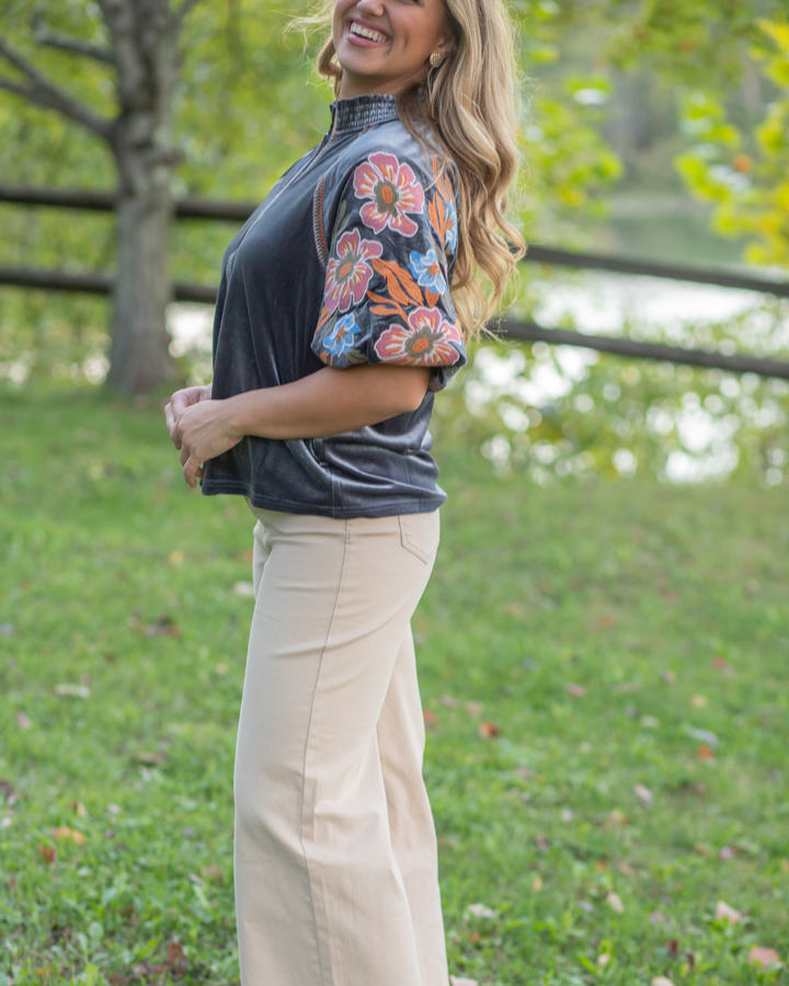 Velvet Embroidered Sleeve Top