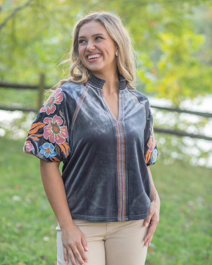 Velvet Embroidered Sleeve Top