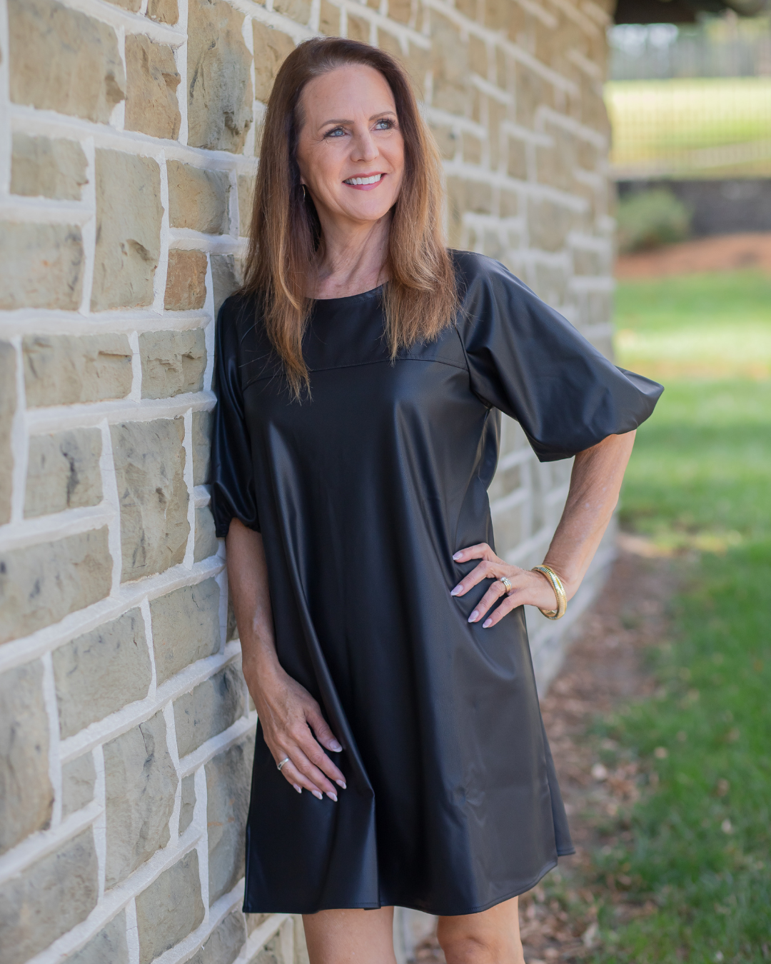 Leather Puffer Sleeve Dress