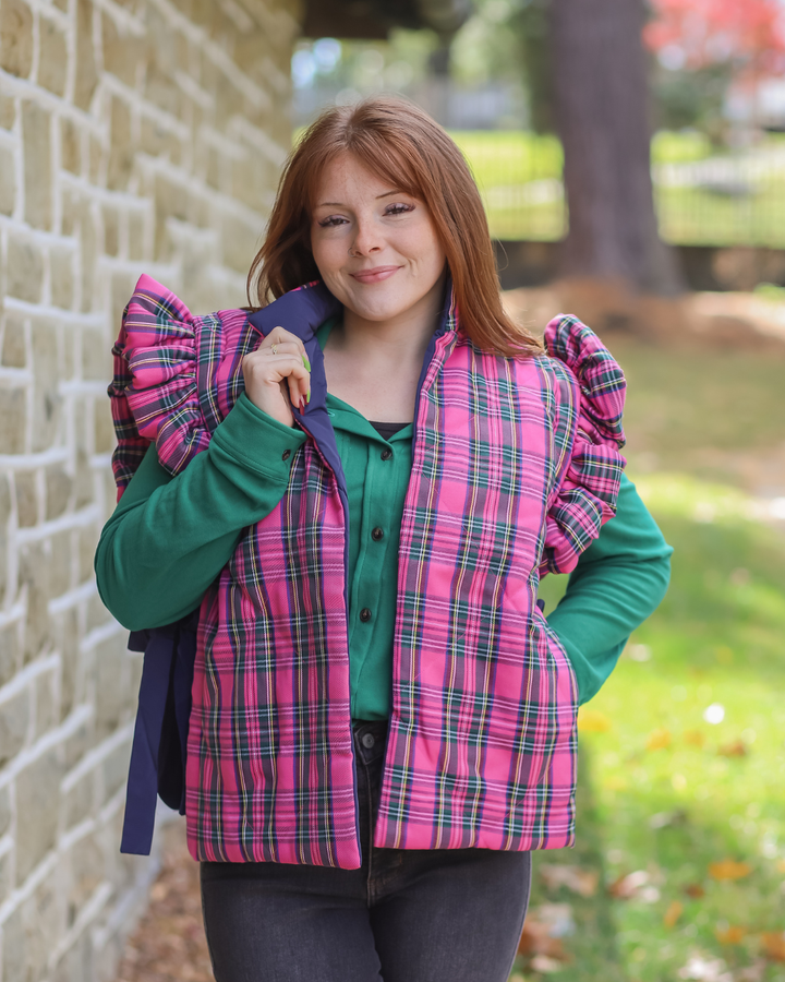 Reversible Plaid Smock Puffer Vest