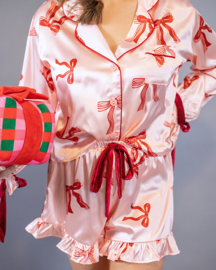 Bella Satin Striped Bows Pajama Set - Shorts
