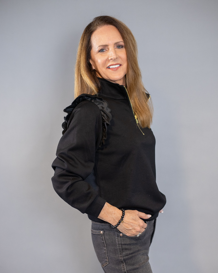 Ruffle Sleeve Quarter Zip Sweater