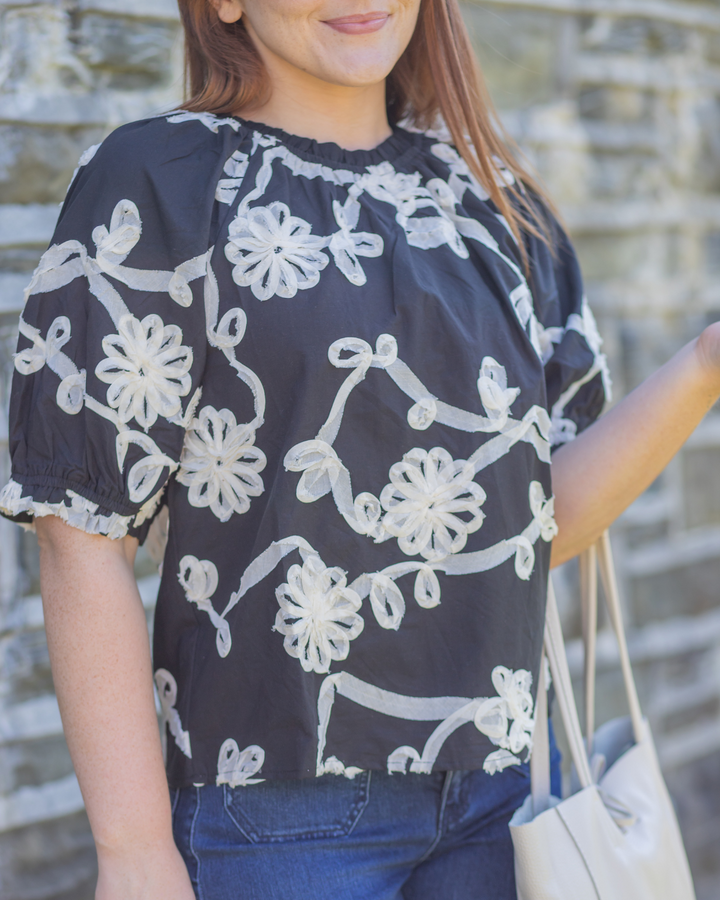 Floral Ribbon Puff Sleeve Blouse