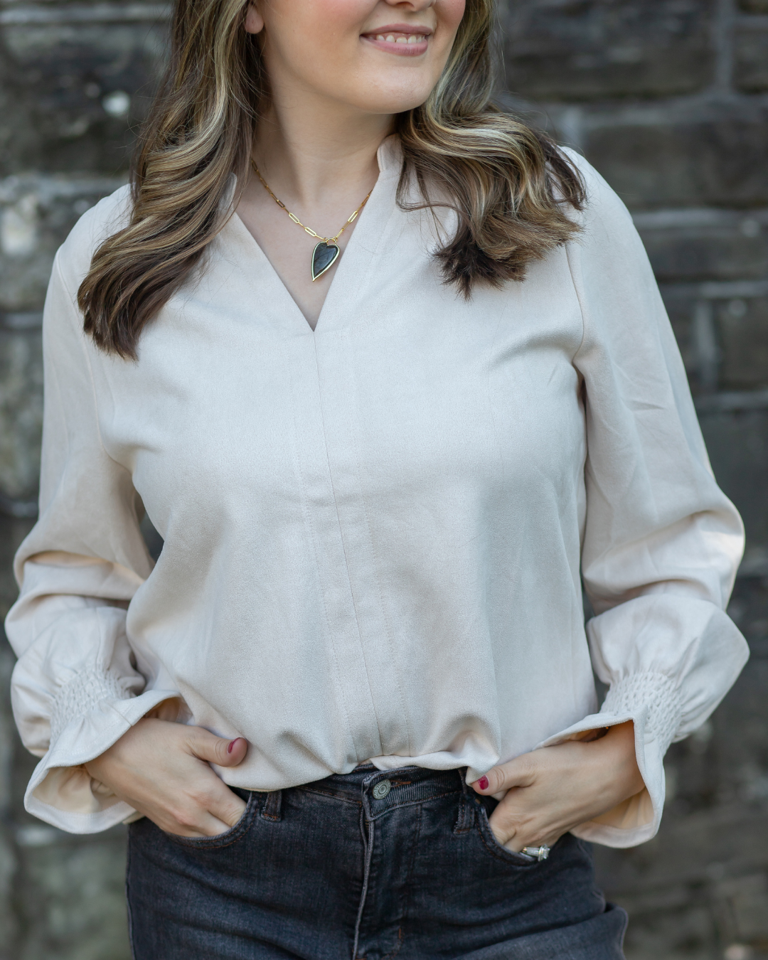 Tuscan Suede V-Neck Long Sleeve Top