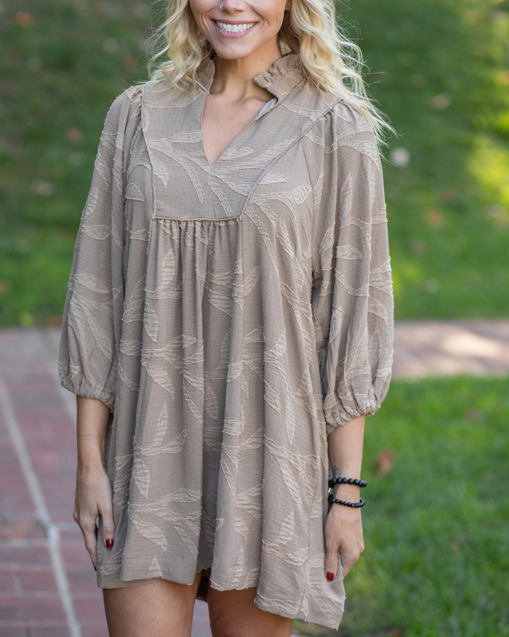 Tan V-Neck Embroidered Dress