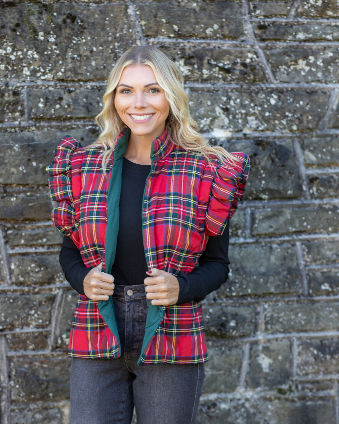 Smock Puffer Vest - Red Plaid