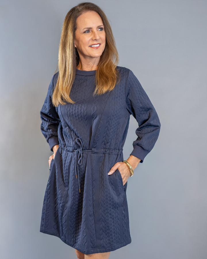 Quilted Cinch Waist Dress in Navy