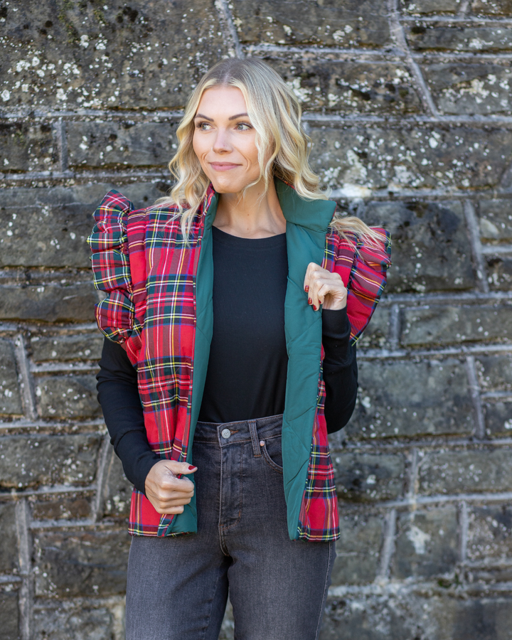 Smock Puffer Vest - Red Plaid